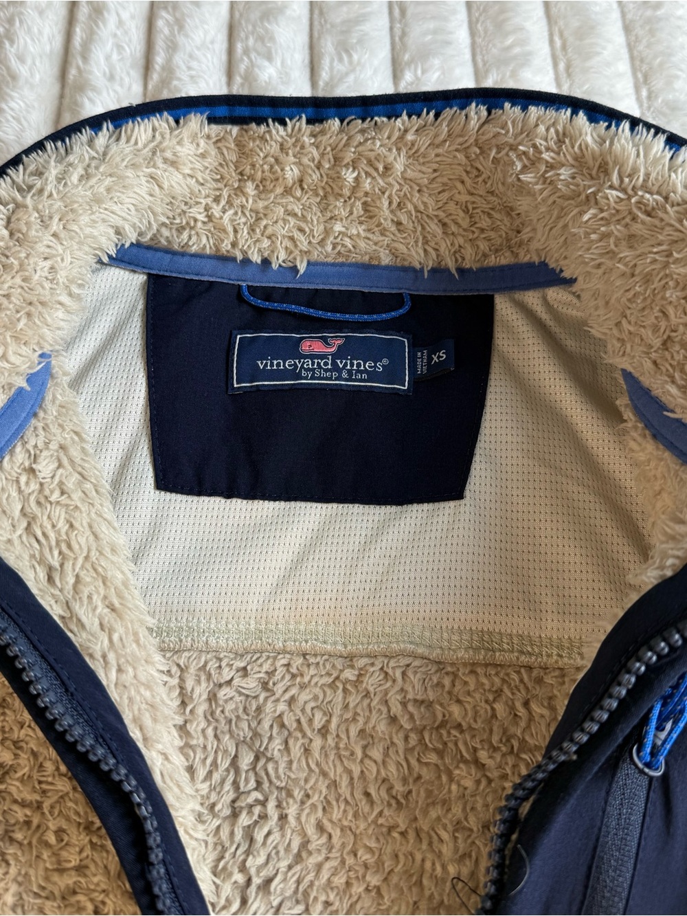 Vineyard Vines Shep & Ian Fleece Tan Navy Quarter Zip Pullover Jacket XS - Picture 6 of 8